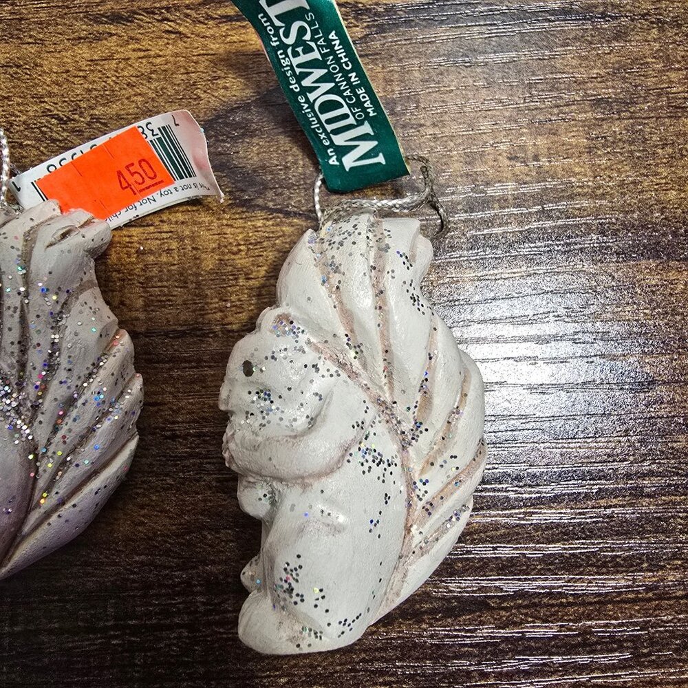 Set of 3 Squirrel Ornaments White Glitter Christmas Winter Midwest Canon Falls - Picture 4 of 13
